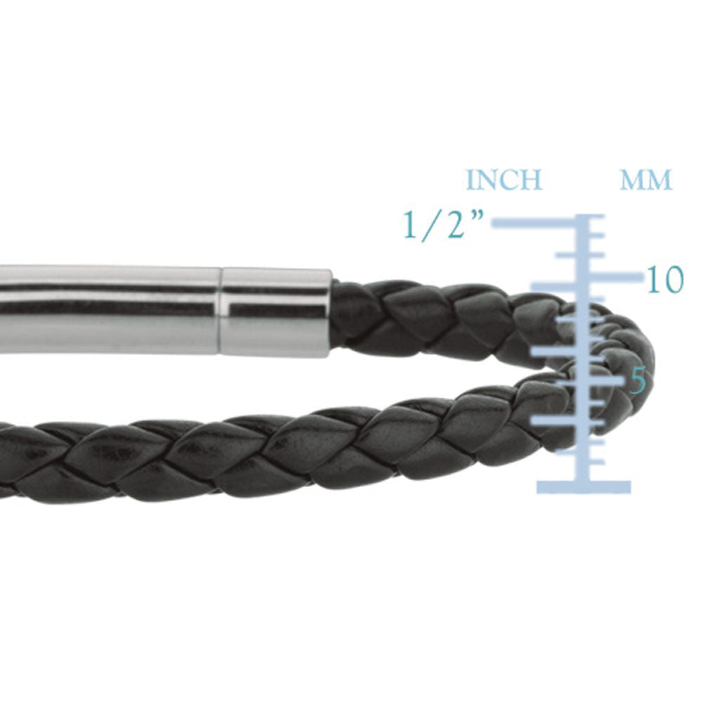 Mens Breaded Black Leather Bracelet With Stainless Steel, 7.5"