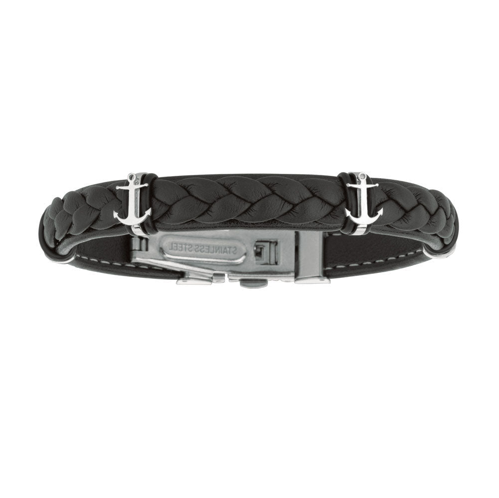 Mens Breaded Dark Leather Bracelet With Stainless Steel Ancors And Deployment Clasp, 8.5"