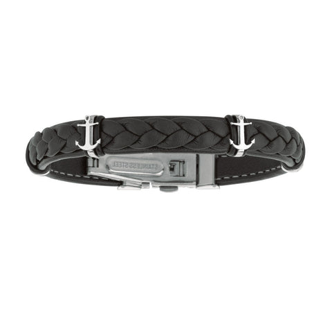 Mens Breaded Dark Leather Bracelet With Stainless Steel Ancors And Deployment Clasp, 8.5"