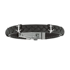 Mens Breaded Dark Leather Bracelet With Stainless Steel Ancors And Deployment Clasp, 8.5"