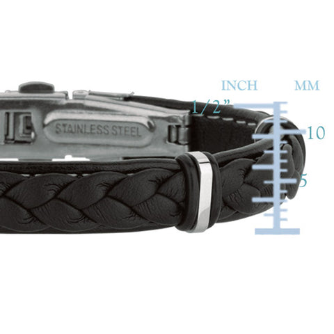 Mens Breaded Dark Leather Bracelet With Stainless Steel And Deployment Clasp, 8.5"