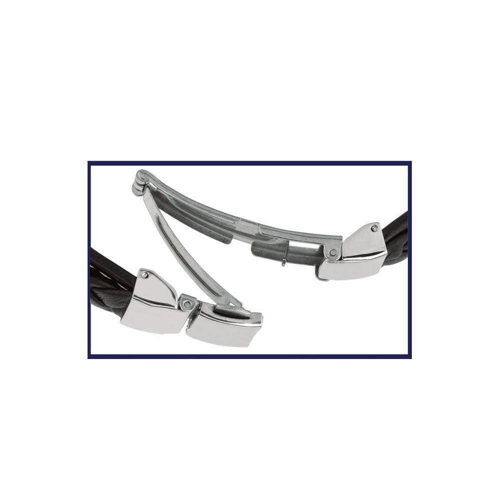 Mens Breaded Dark Leather Bracelet With Stainless Steel And Deployment Clasp, 8.5"