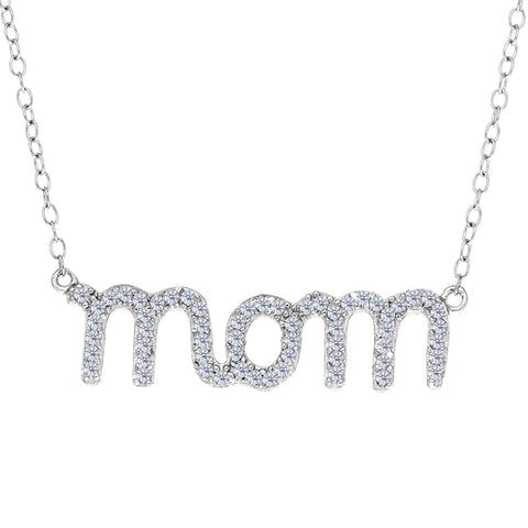 Mom Logo And CZ Necklace In Sterling Silver, 18"
