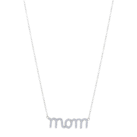 Mom Logo And CZ Necklace In Sterling Silver, 18"