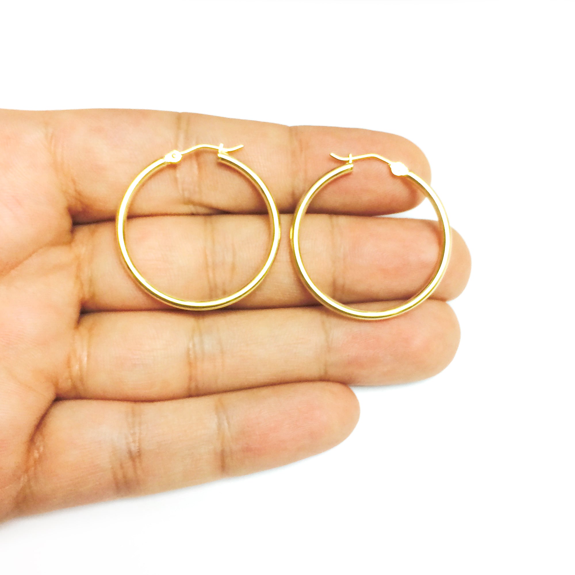 14K Yellow Gold 2MM Shiny Round Tube Hoop Earrings fine designer jewelry for men and women