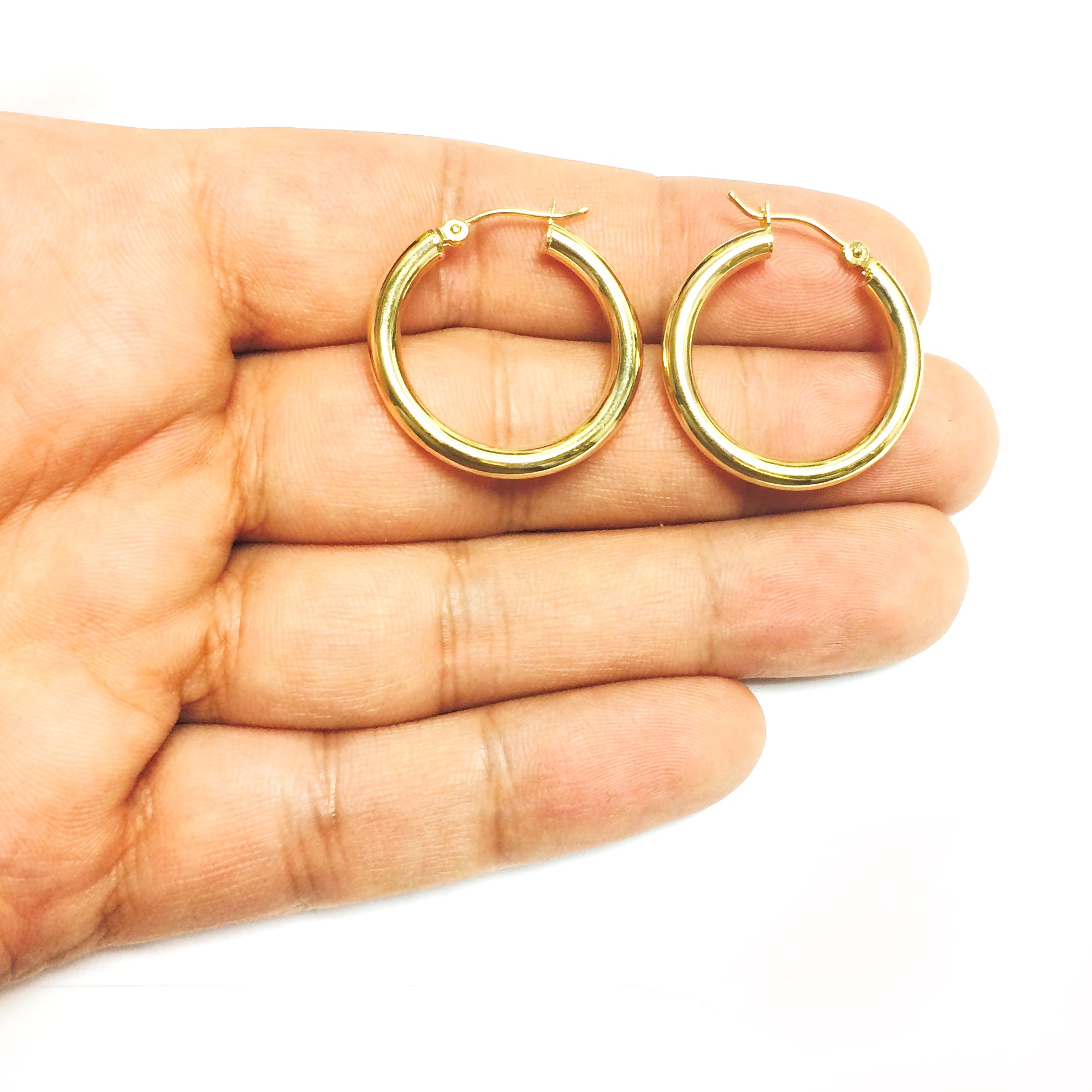 Boucles d'oreilles créoles en forme de tube rond brillant en or jaune 14 carats de 3 mm, bijoux de créateur raffinés pour hommes et femmes