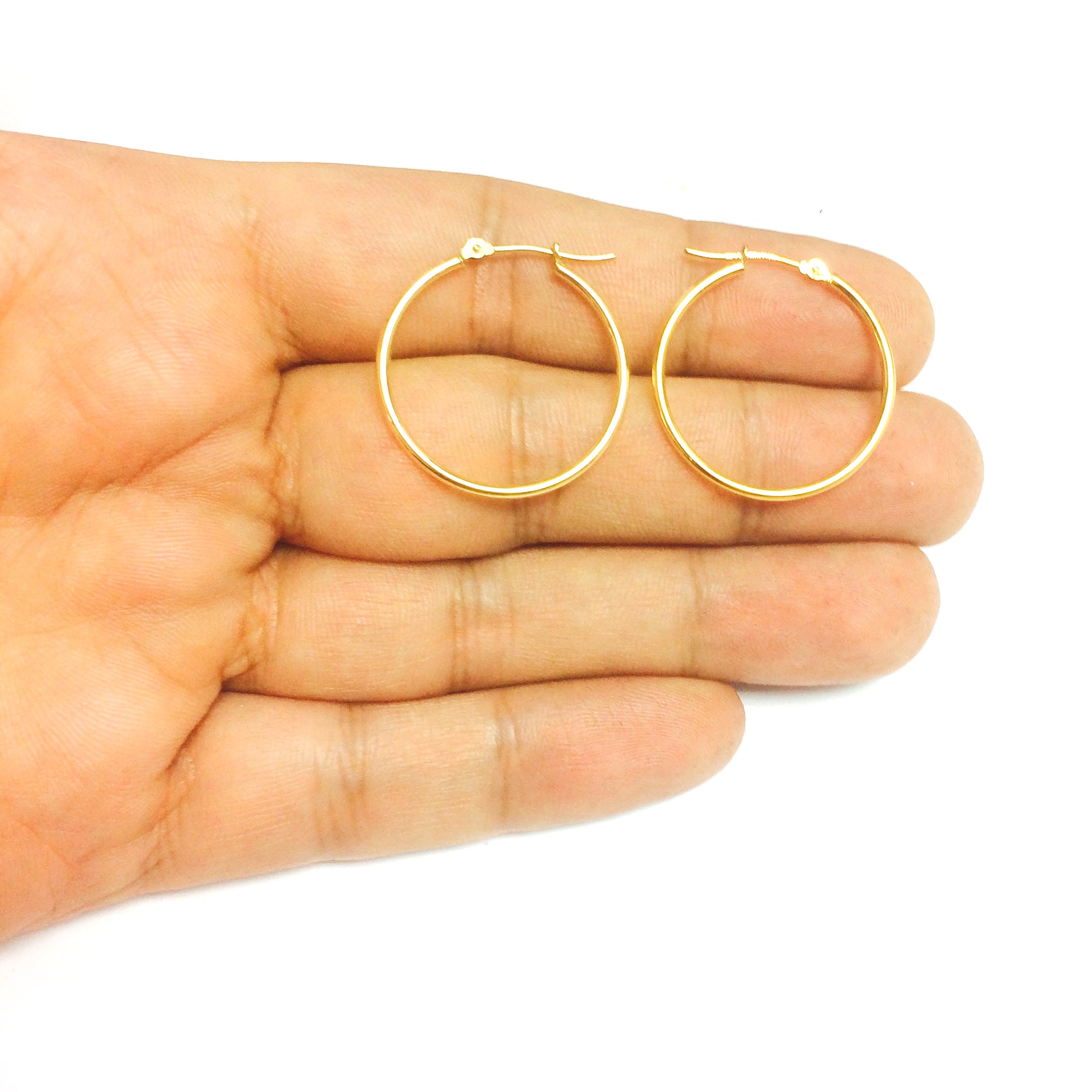 14k gult guld 1,5 mm glänsande runda rörbågeörhängen fina designersmycken för män och kvinnor