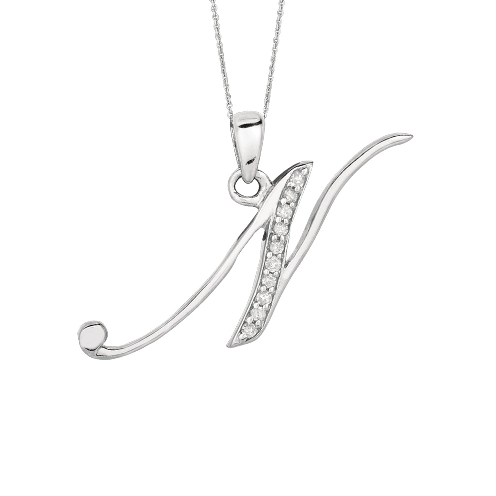 "N" Sterling Silver Rhodium Plated Script Initial Letter With Diamonds On 18 Inch Chain ( 0.05 Tcw)