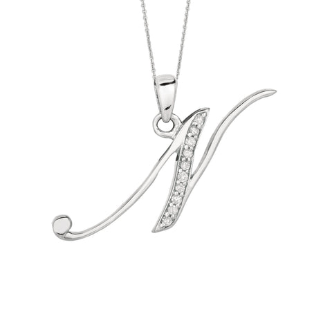 "N" Sterling Silver Rhodium Plated Script Initial Letter With Diamonds On 18 Inch Chain ( 0.05 Tcw)
