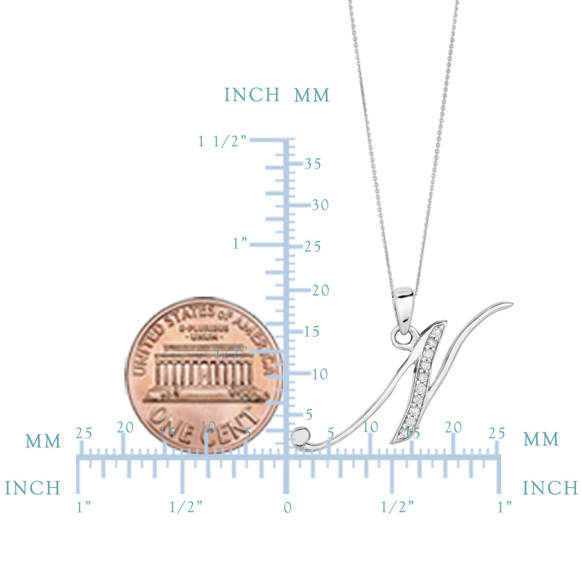 "N" Sterling Silver Rhodium Plated Script Initial Letter With Diamonds On 18 Inch Chain ( 0.05 Tcw)