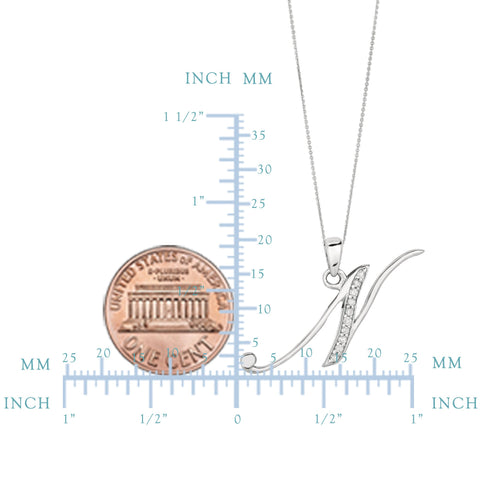 "N" Sterling Silver Rhodium Plated Script Initial Letter With Diamonds On 18 Inch Chain ( 0.05 Tcw)