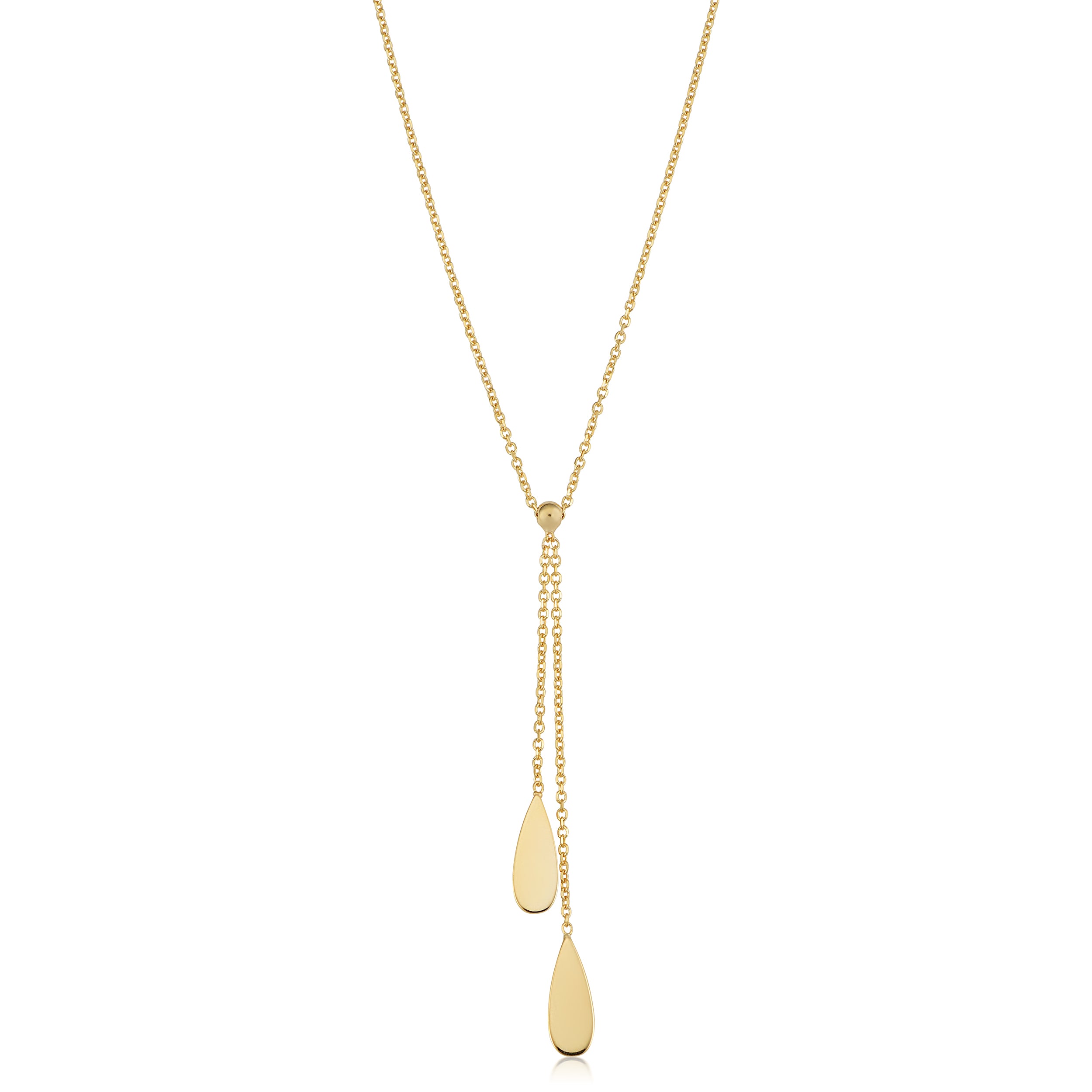 14K Gul Guld Dobbelt Teardrop Charms På 18" Lariat halskæde fine designer smykker til mænd og kvinder