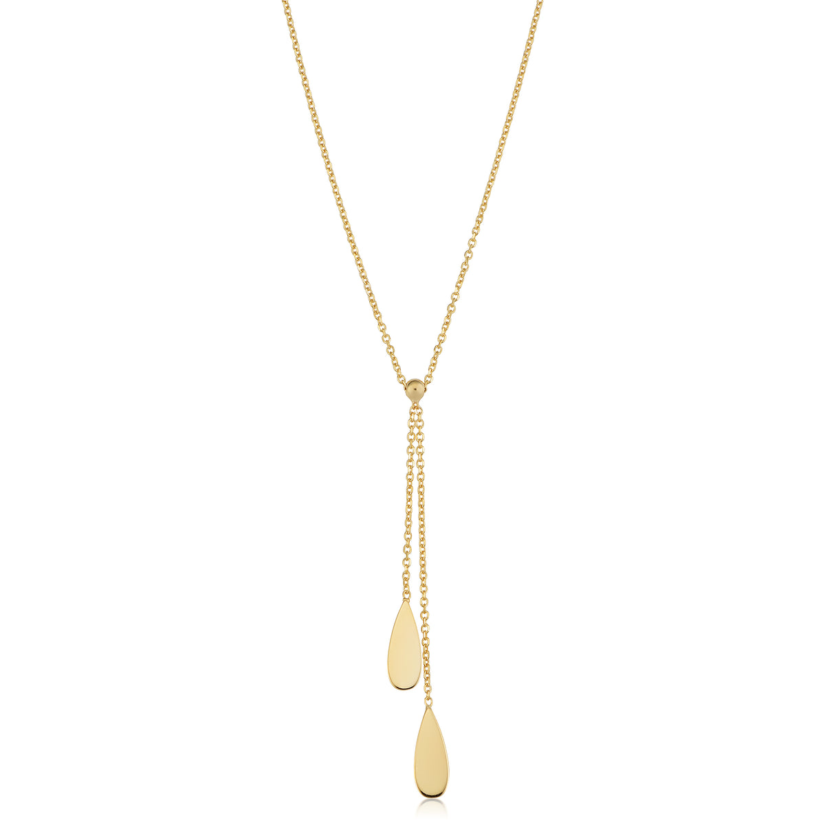 14K Yellow Gold Double Teardrop Charms On 18" Lariat Necklace fine designer jewelry for men and women