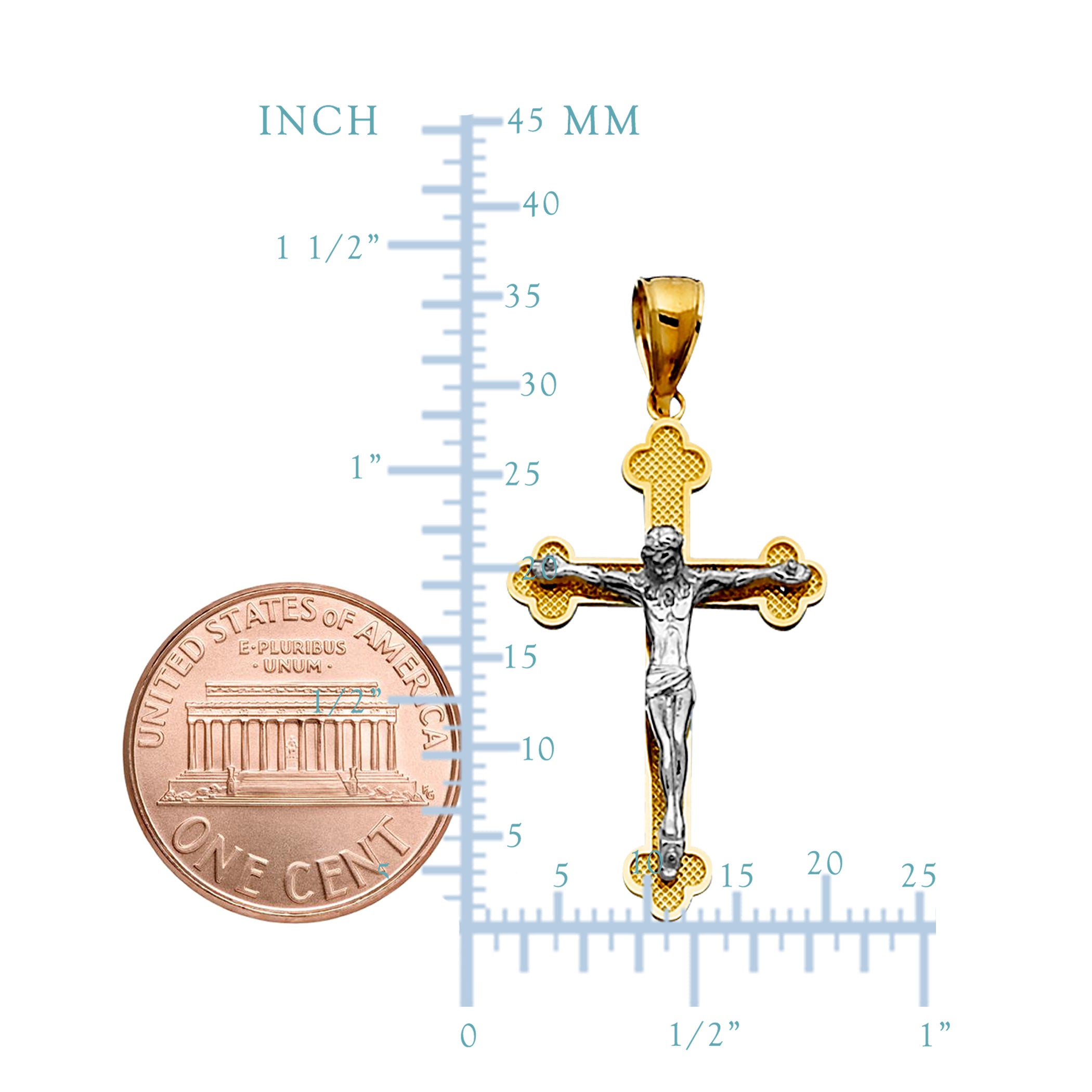 14k 2 Tone Gold Textured Finish Clover Tips Crucifix Pendant
