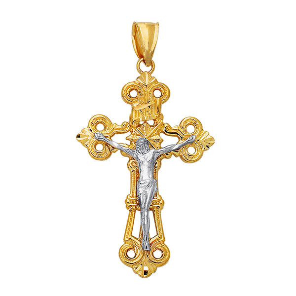 14k 2 Tone Gold Flat Textured Finish Crucifix Pendant