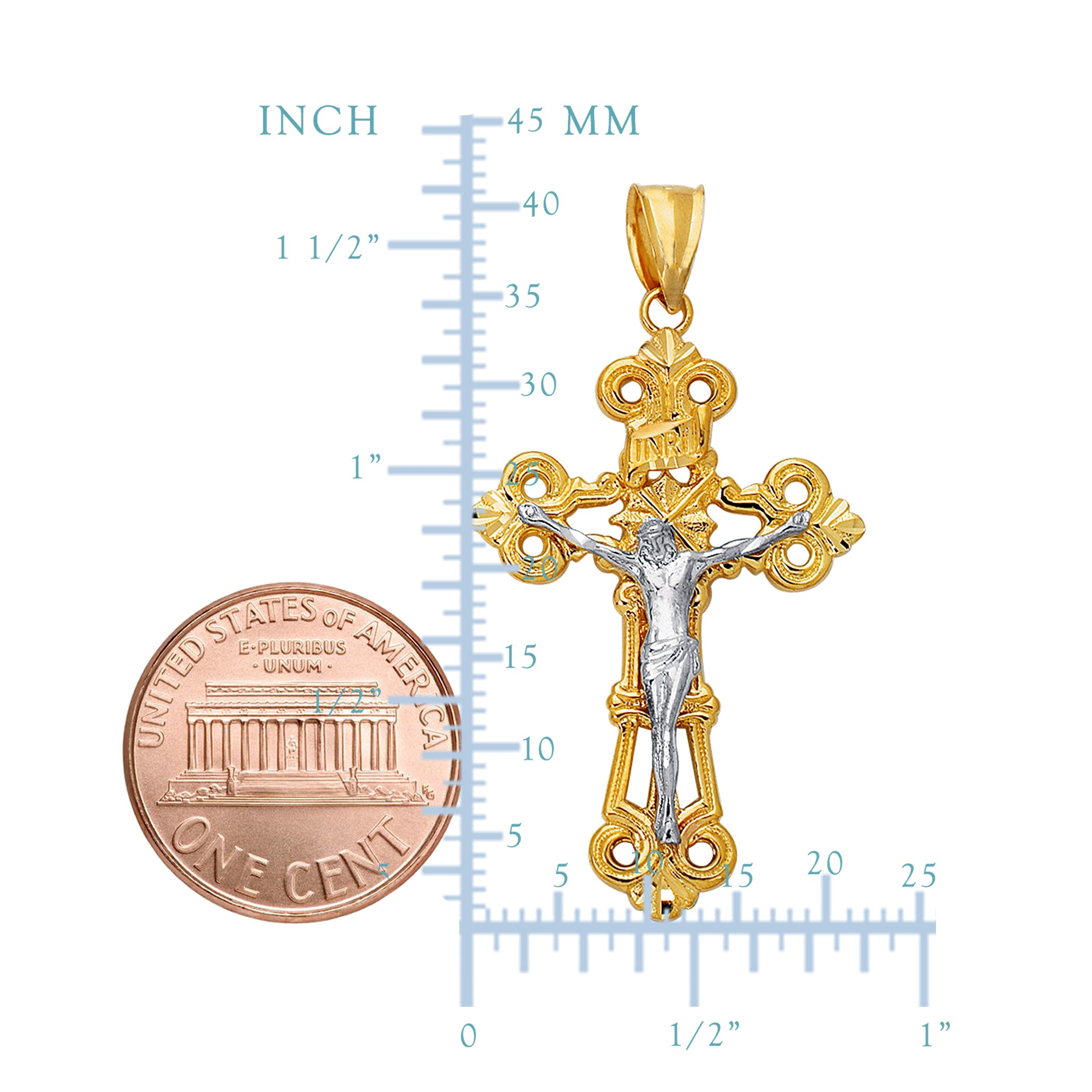14k 2 Tone Gold Flat Textured Finish Crucifix Pendant fine designer jewelry for men and women