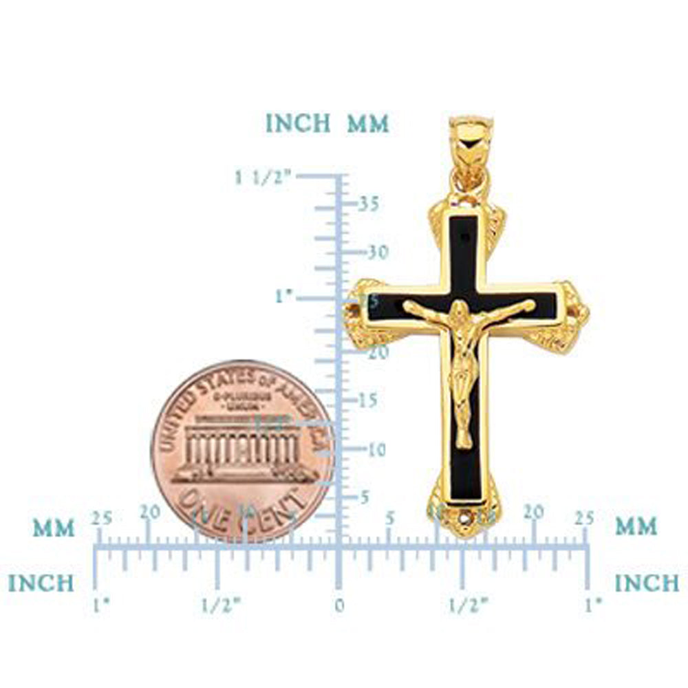 14k Yellow Gold And Black Enamel Crucifix Cross Mens Pendant