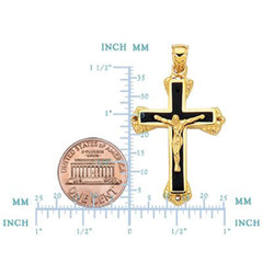 14k Yellow Gold And Black Enamel Crucifix Cross Mens Pendant