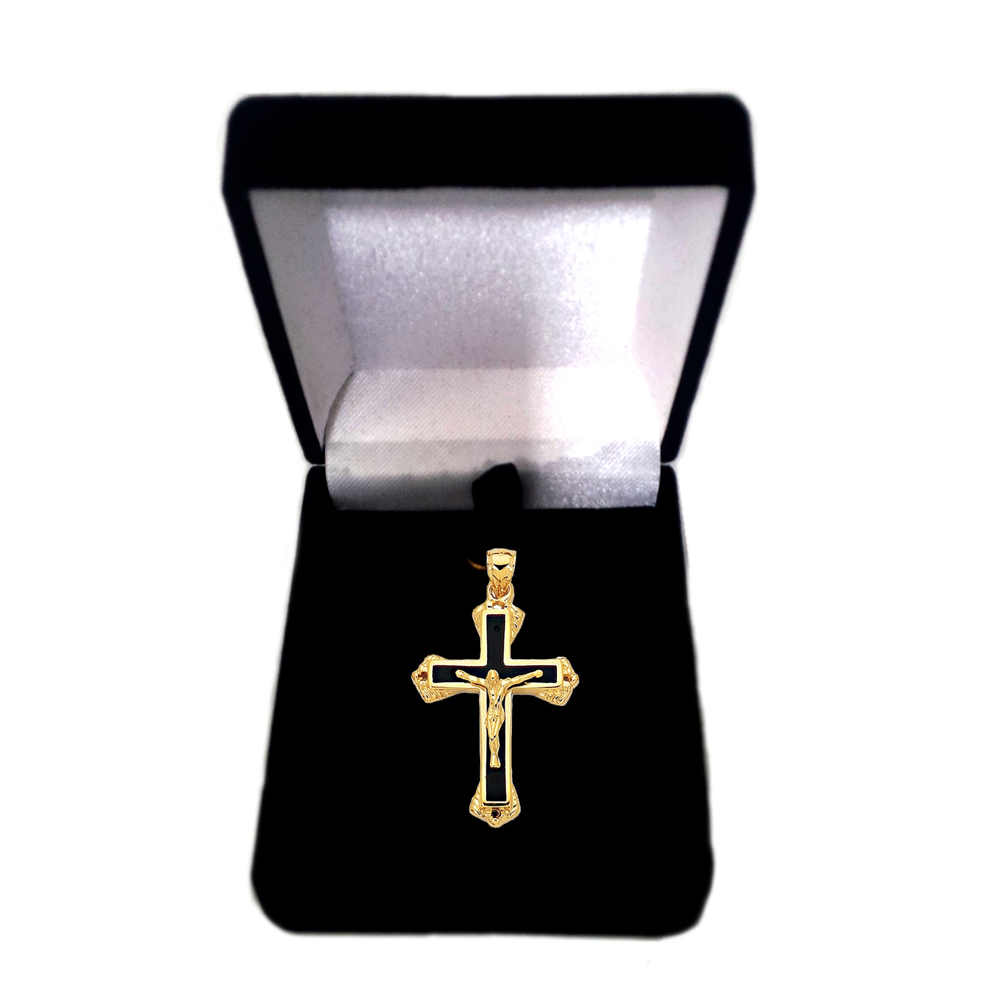 14k Yellow Gold And Black Enamel Crucifix Cross Mens Pendant