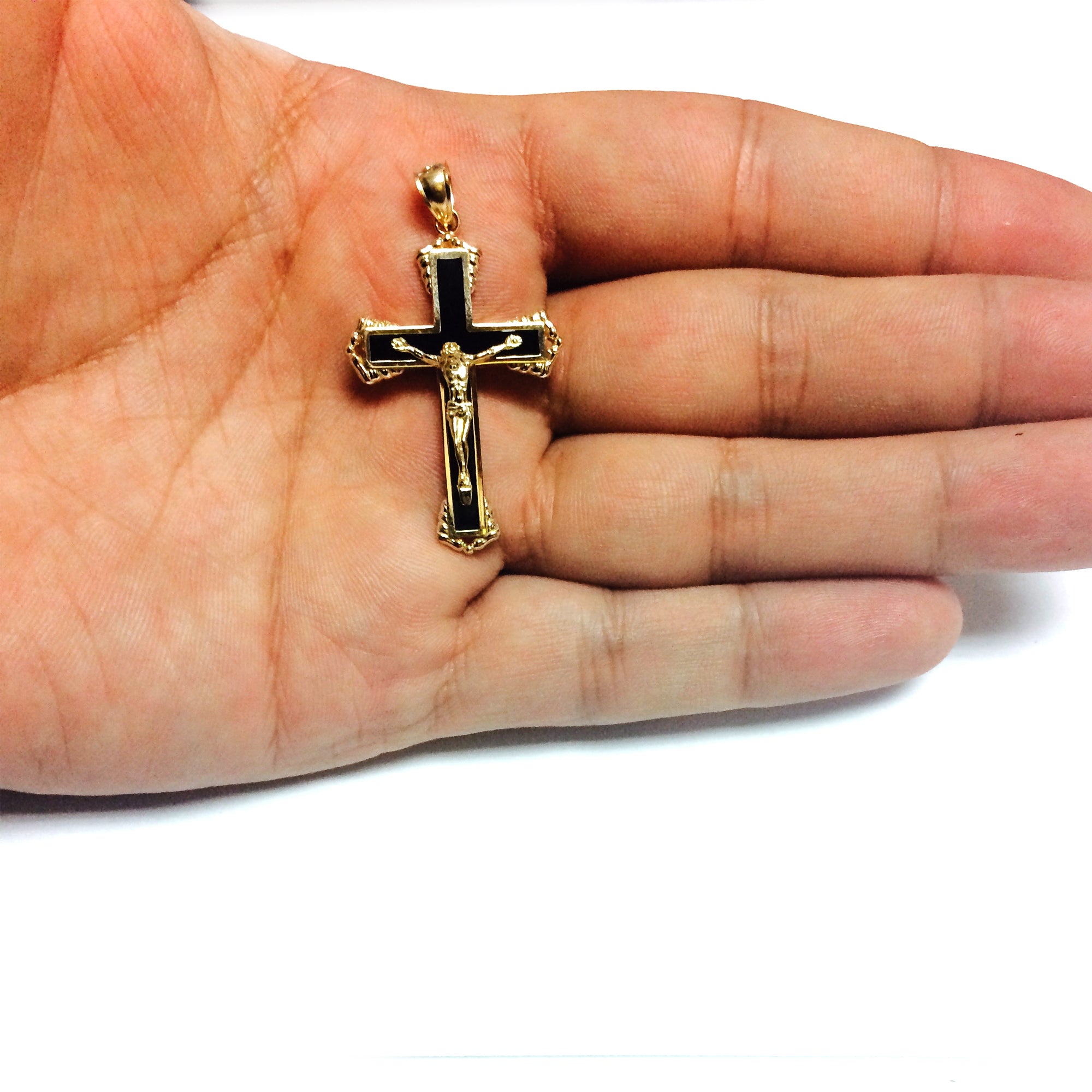 14k Yellow Gold And Black Enamel Crucifix Cross Mens Pendant