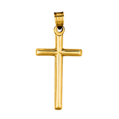 Colgante de cruz de tubo redondo brillante de oro amarillo de 14 quilates, joyería de diseño fino para hombres y mujeres