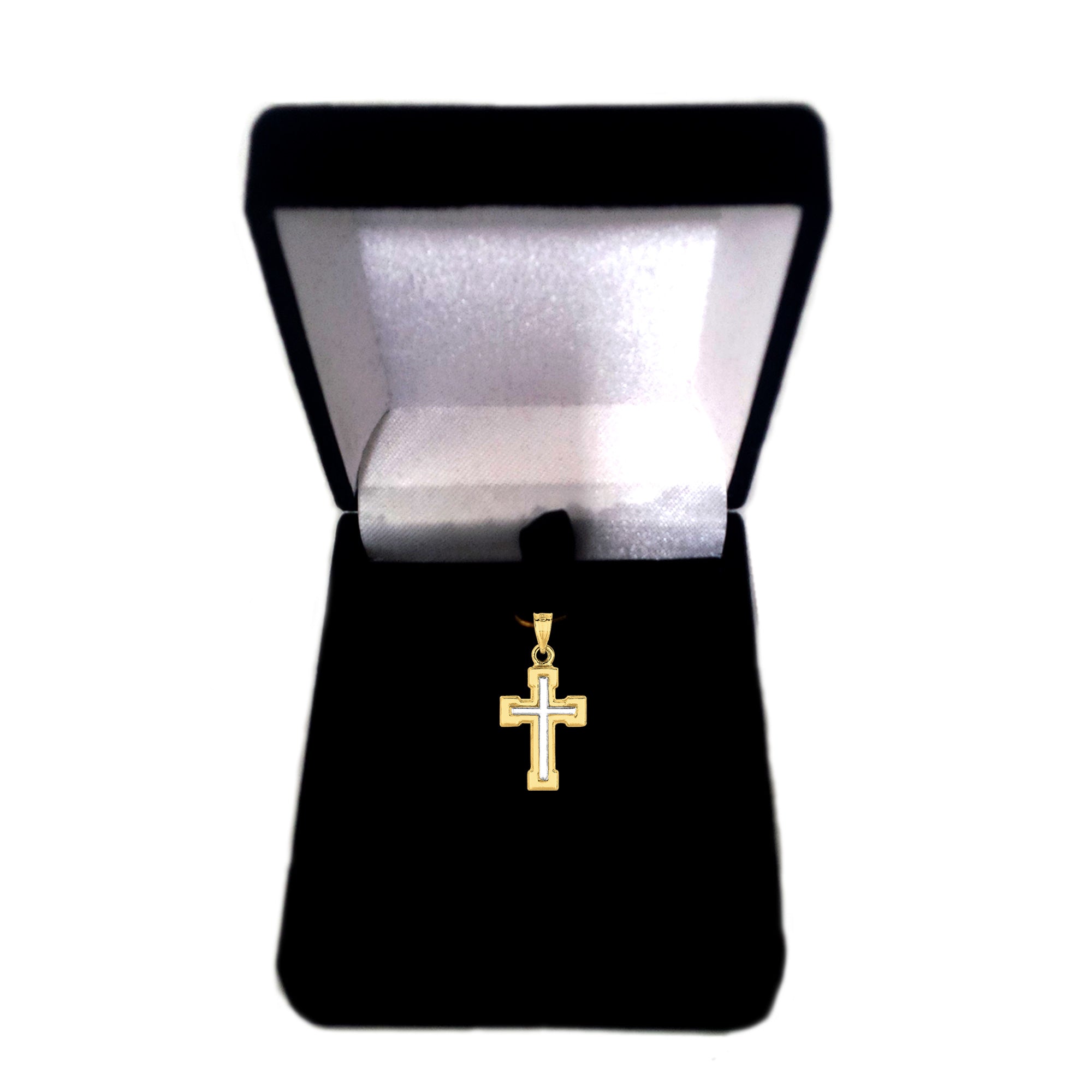 Ciondolo croce a tubo quadrato con finitura lucida in oro bicolore 14k, gioielli di design per uomini e donne