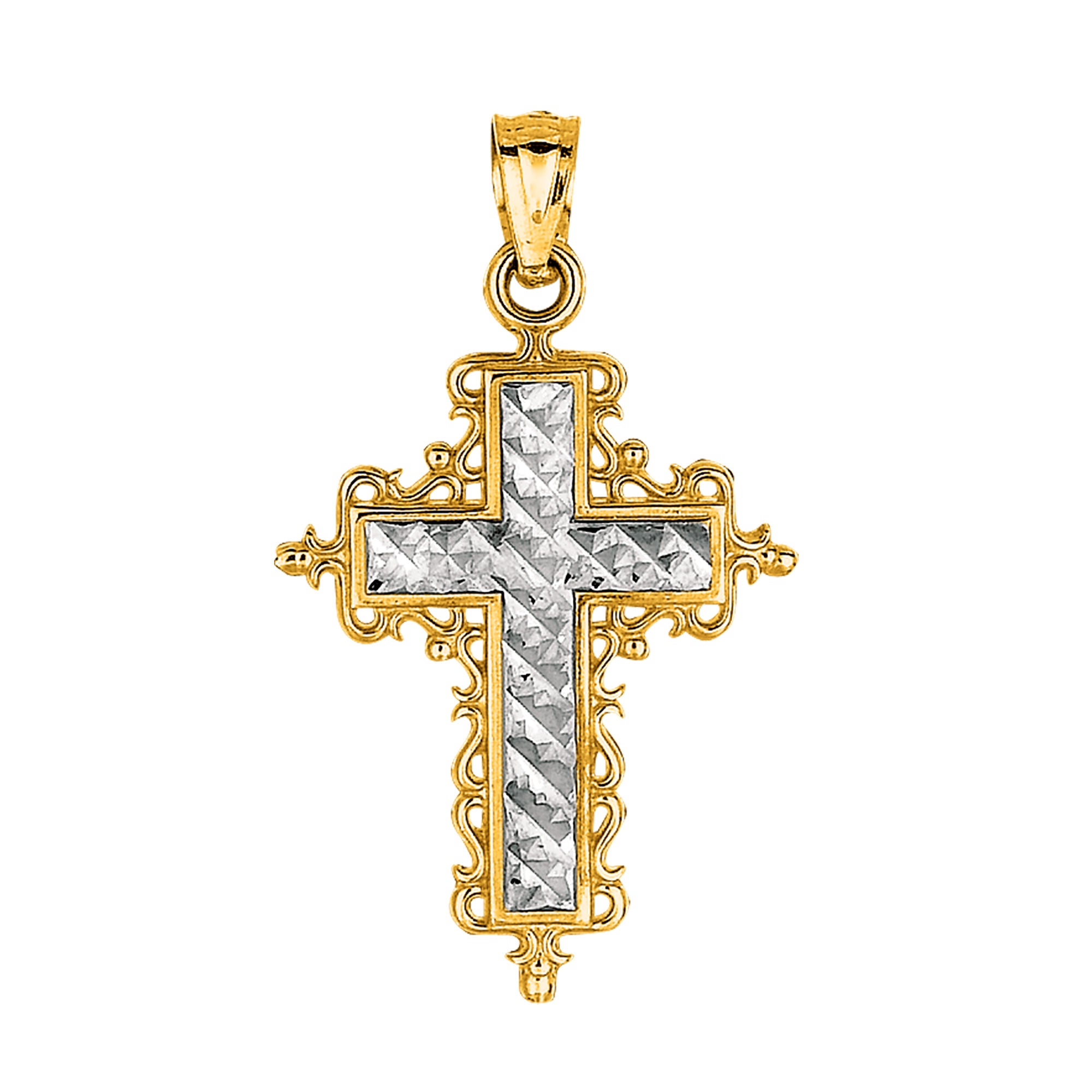 14k 2 Tone Gold Diamond Cut Round Filigree Design Cross Pendant