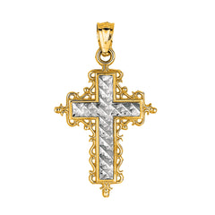 Colgante de cruz con diseño de filigrana redonda con corte de diamante en oro de 14 quilates y 2 tonos, joyería de diseño fino para hombres y mujeres