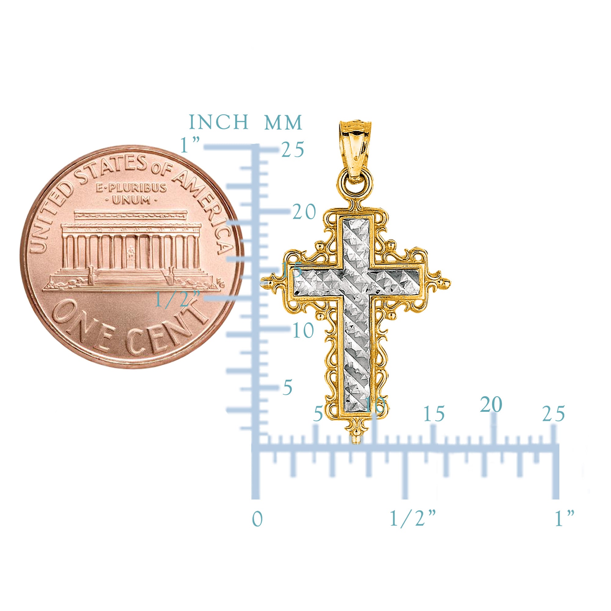 14k 2 Tone Gold Diamond Cut Round Filigree Design Cross Pendant