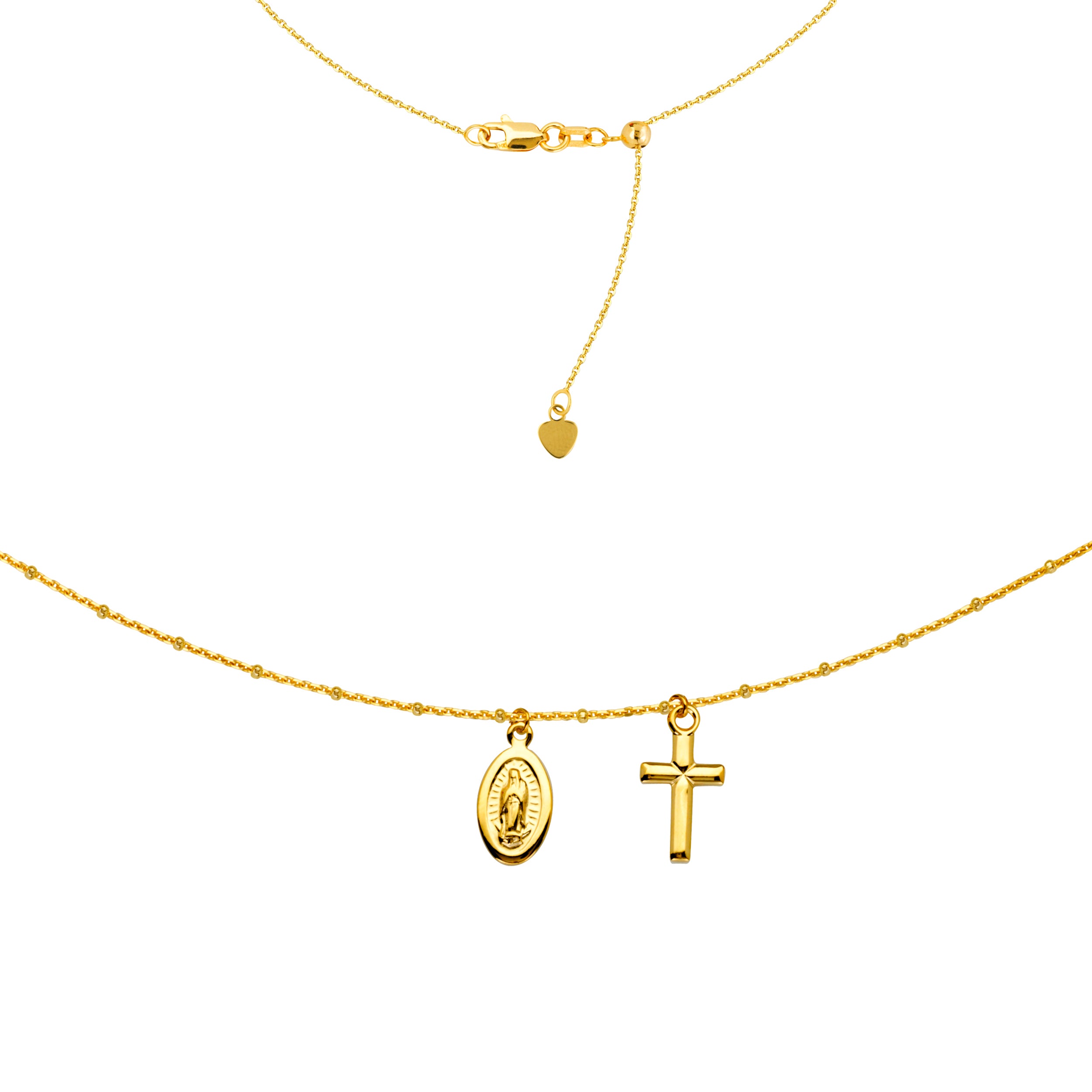 Choker With Dangling Virgin Mary And Cross 14k Yellow Gold Necklace, 16" Adjustable fine designer jewelry for men and women