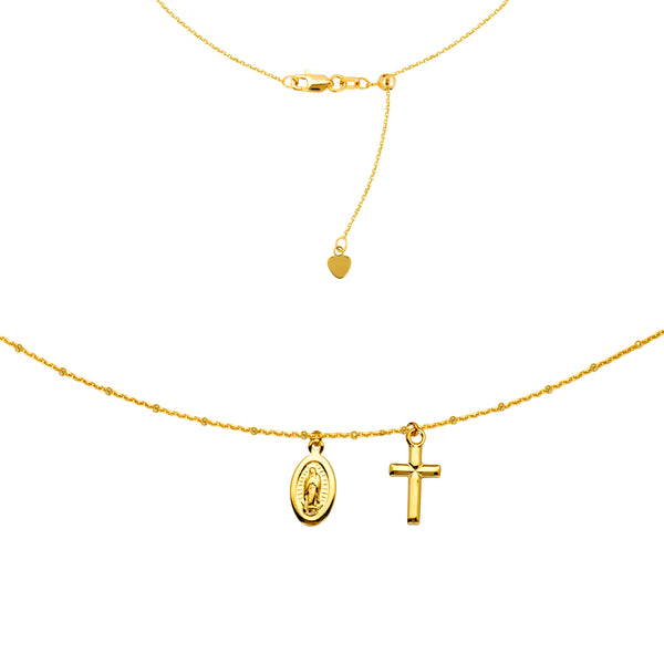 Choker With Dangling Virgin Mary And Cross 14k Yellow Gold Necklace, 16" Adjustable