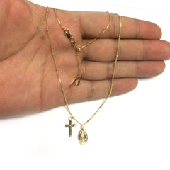 Choker With Dangling Virgin Mary And Cross 14k Yellow Gold Necklace, 16" Adjustable fine designer jewelry for men and women