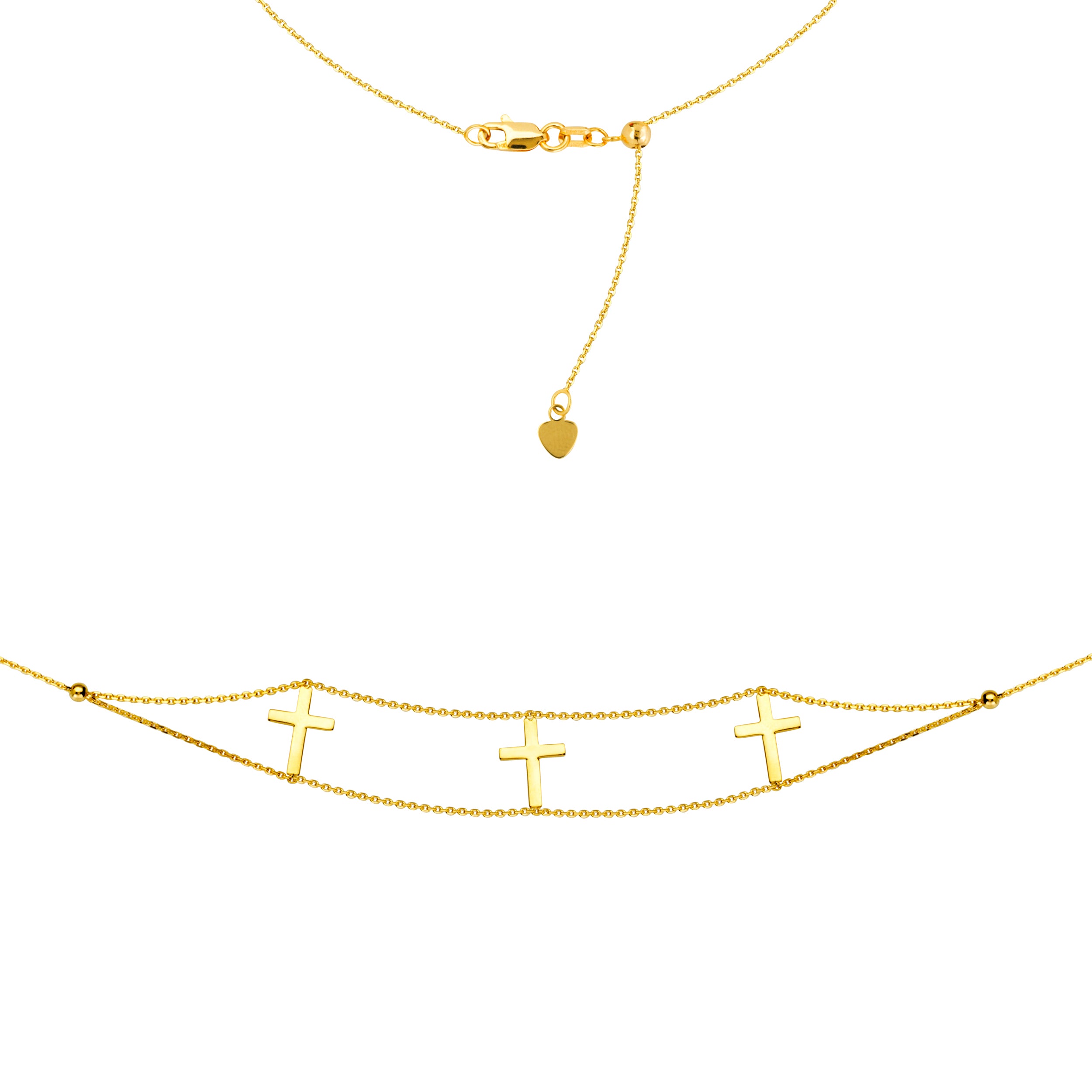 Triple Cross Choker 14k Yellow Gold Necklace, 16" Adjustable