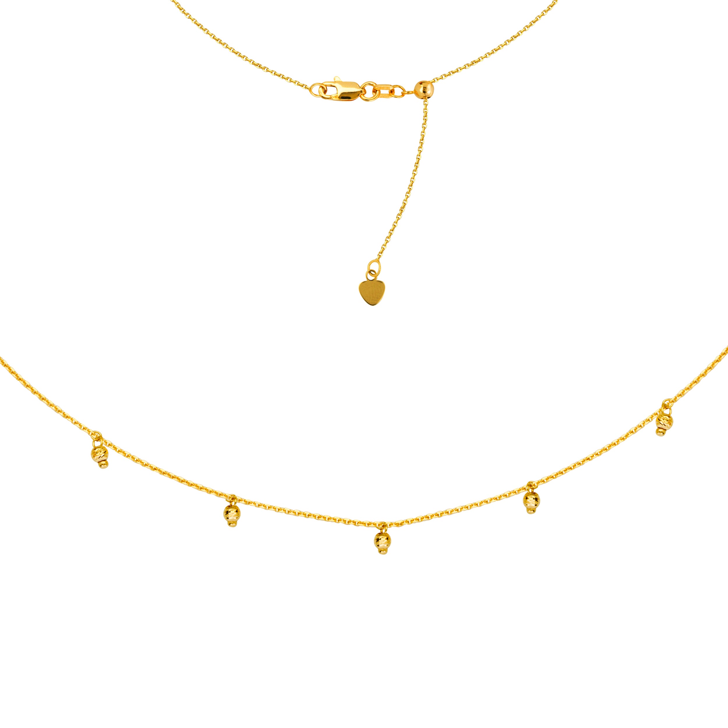 5 Dangle Diamond Cut Beads Choker 14k Yellow Gold Necklace, 16" Adjustable