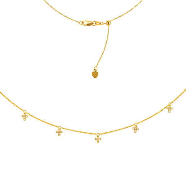 5 Cz Mini Crosses Choker 14k Yellow Gold Necklace, 16" Adjustable