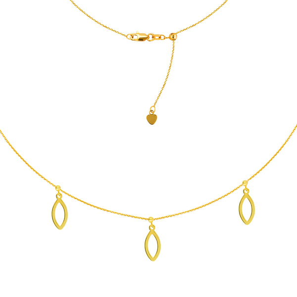 Triple Dangle Marquise Charm Choker 14k Yellow Gold Necklace, 16" Adjustable