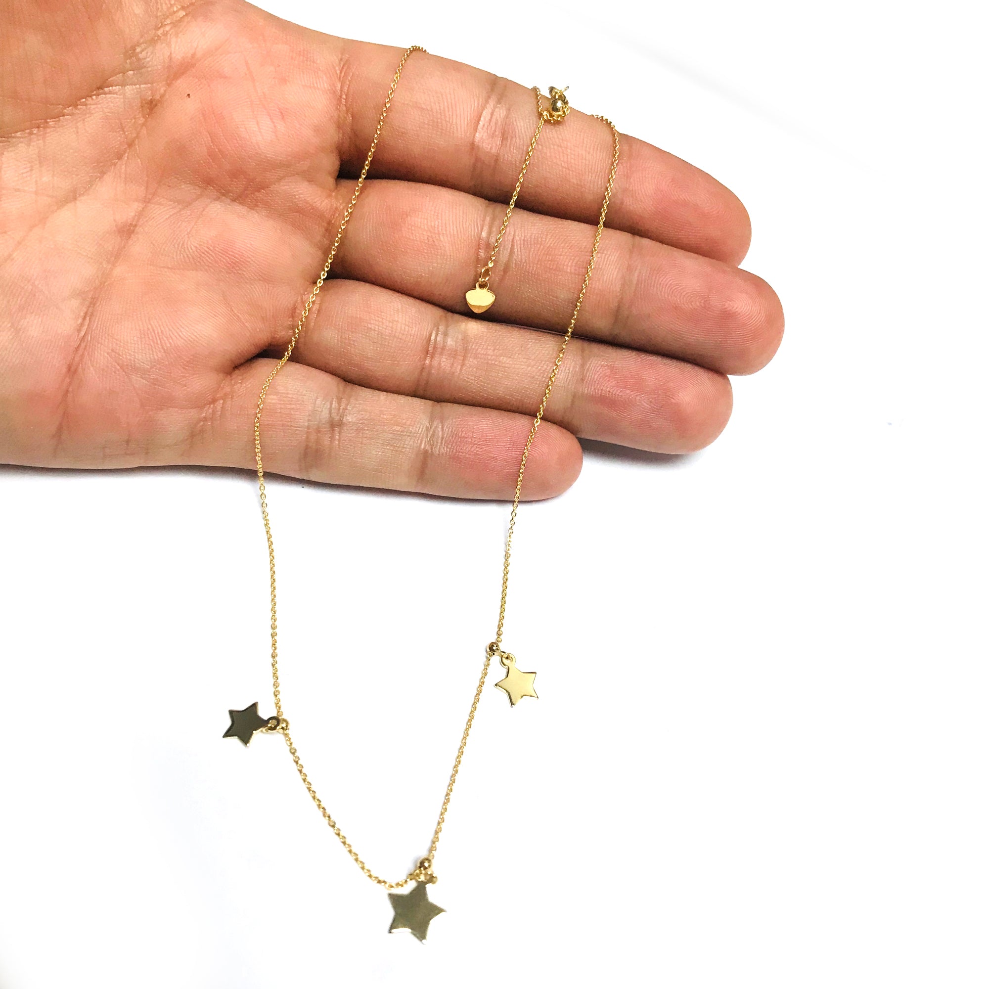 Dangle Triple Star Ad Choker 14k Yellow Gold Necklace, 16" Adjustable