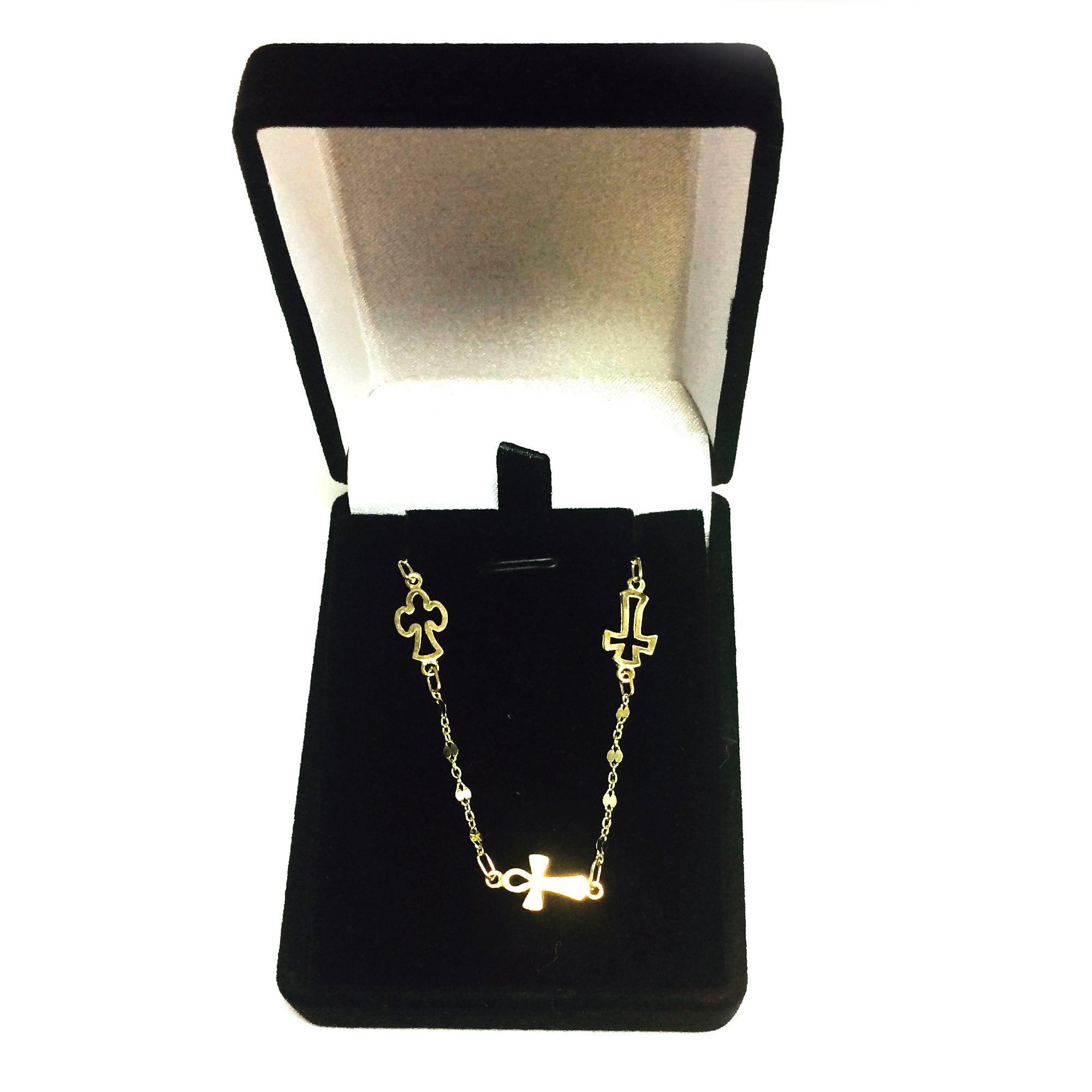 14K Yellow Gold Cable Chain Bead And Cross Bracelet, 7"