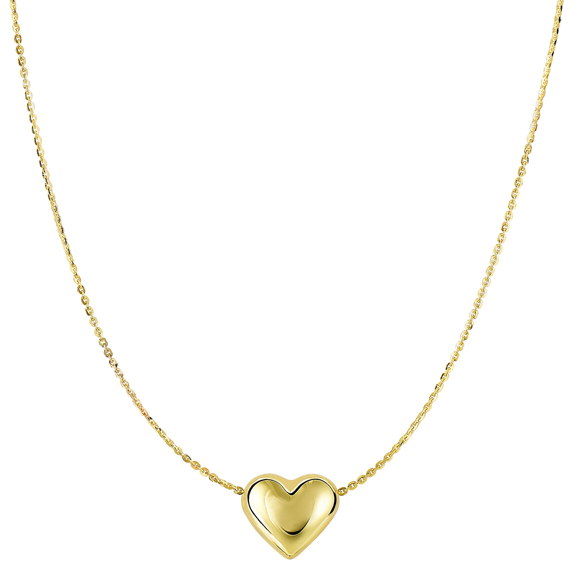 14k Yellow Gold Sliding Puffed Heart Pendant Necklace, 18"