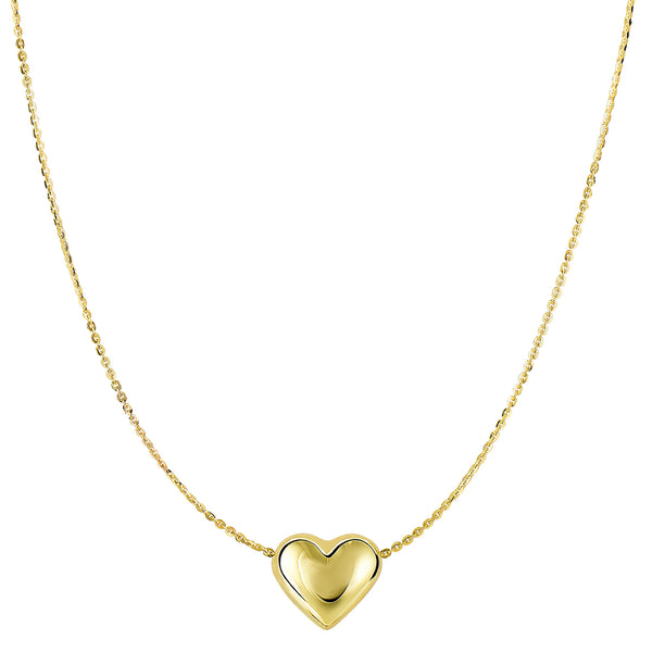 14k Yellow Gold Sliding Puffed Heart Pendant Necklace, 18"
