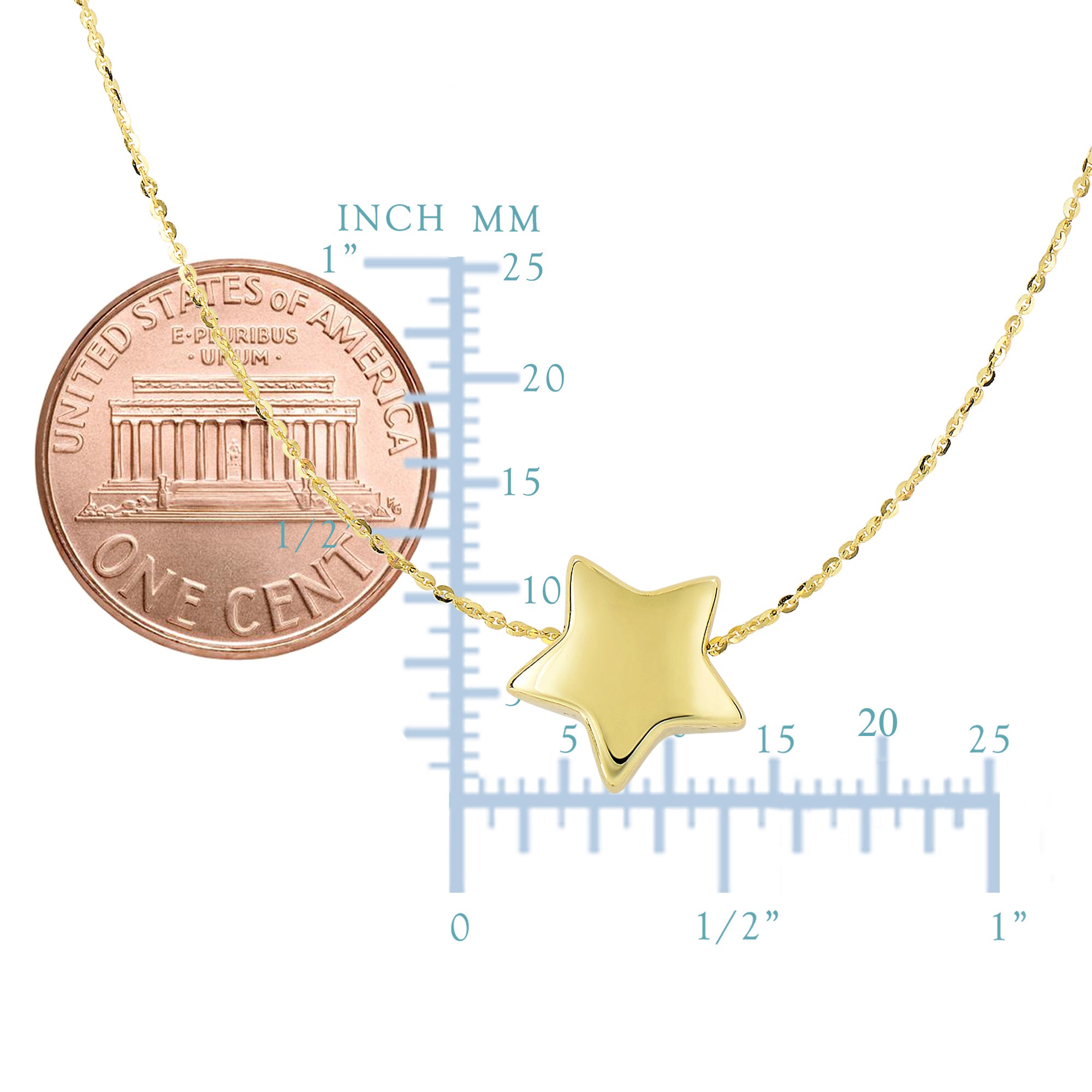 14k Yellow Gold Sliding Puffed Star Pendant Necklace, 18"