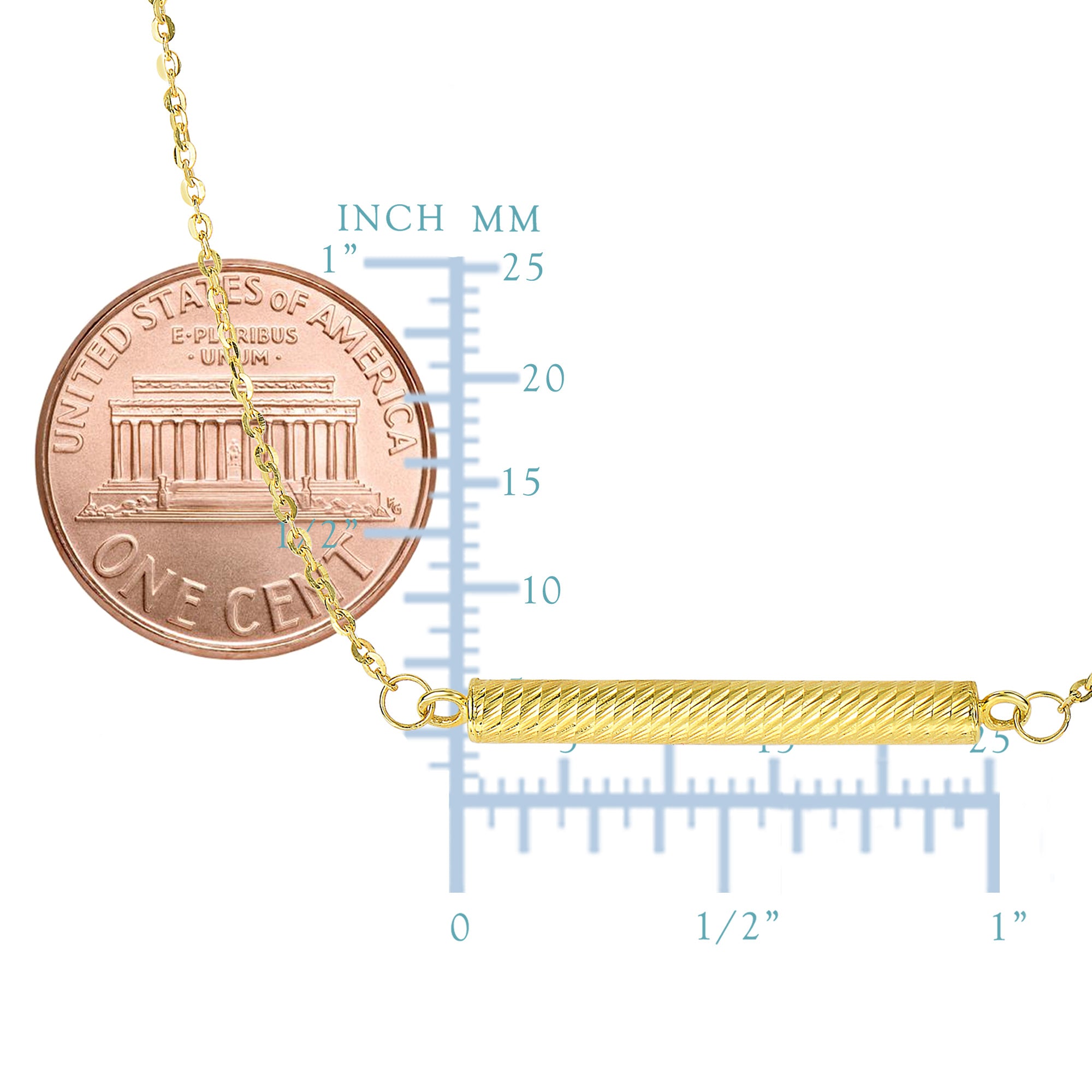 Collar con colgante lateral de barra cilíndrica de oro amarillo de 14 k, joyería fina de diseño de 18 "para hombres y mujeres