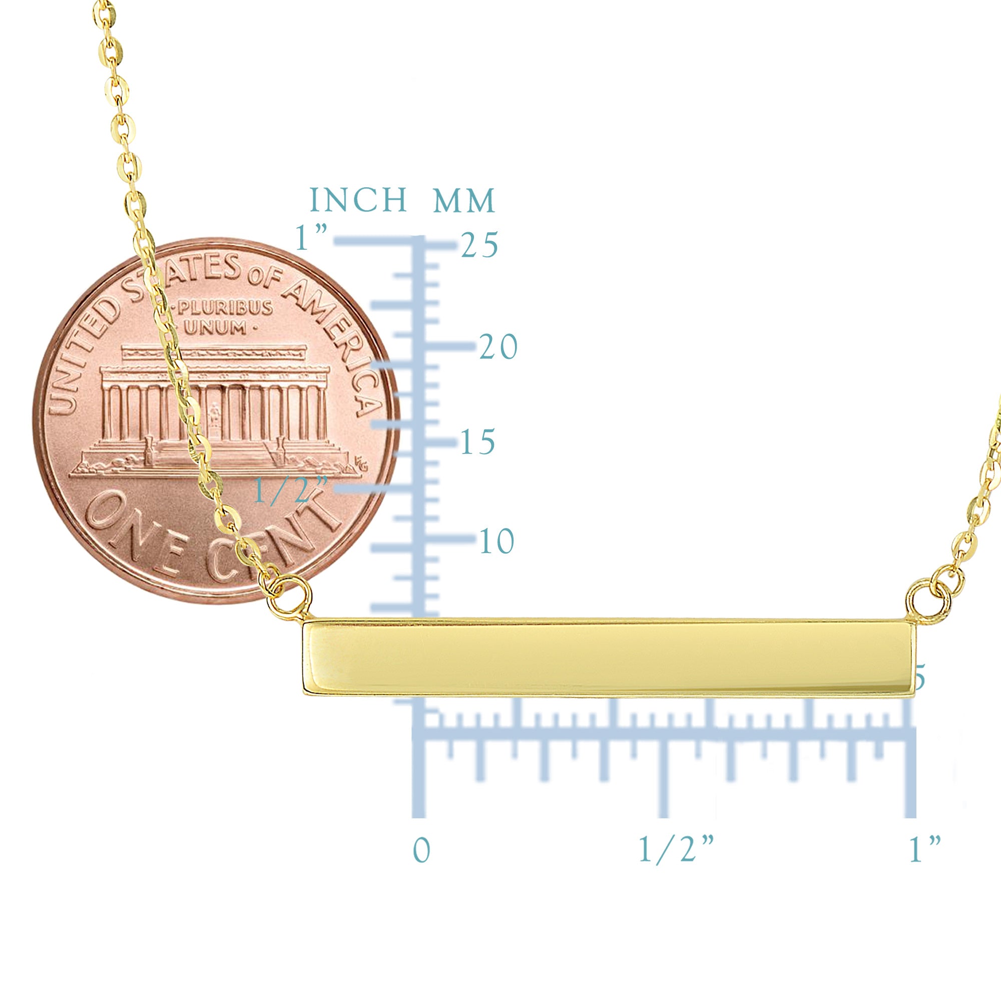 14k Yellow Gold Engravable Bar Sideways Pendant Necklace, 18"