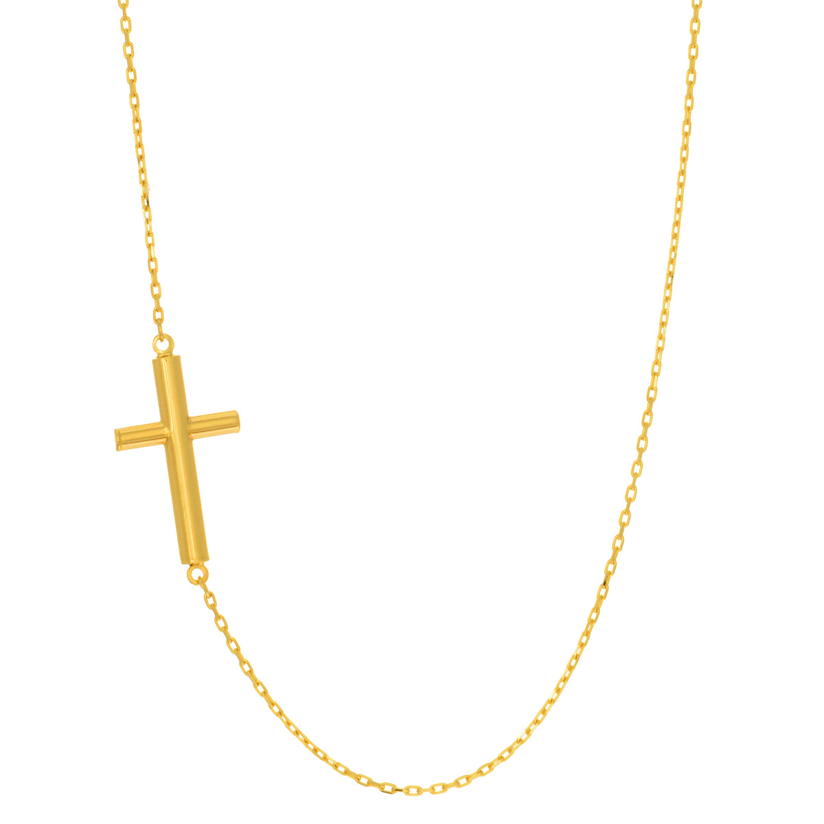 Collana con pendente a croce a tubo laterale in oro giallo 14k, gioielli di design da 18" per uomini e donne