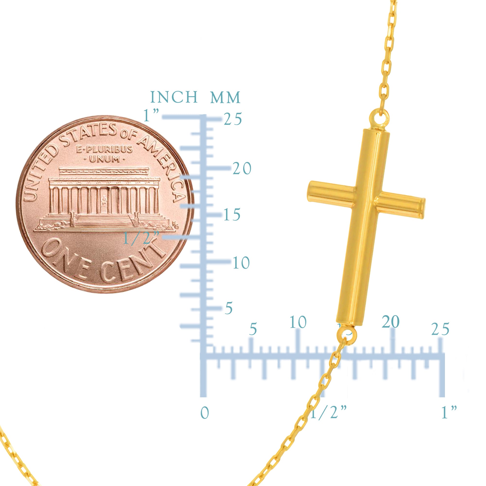 Collana con pendente a croce a tubo laterale in oro giallo 14k, gioielli di design da 18" per uomini e donne