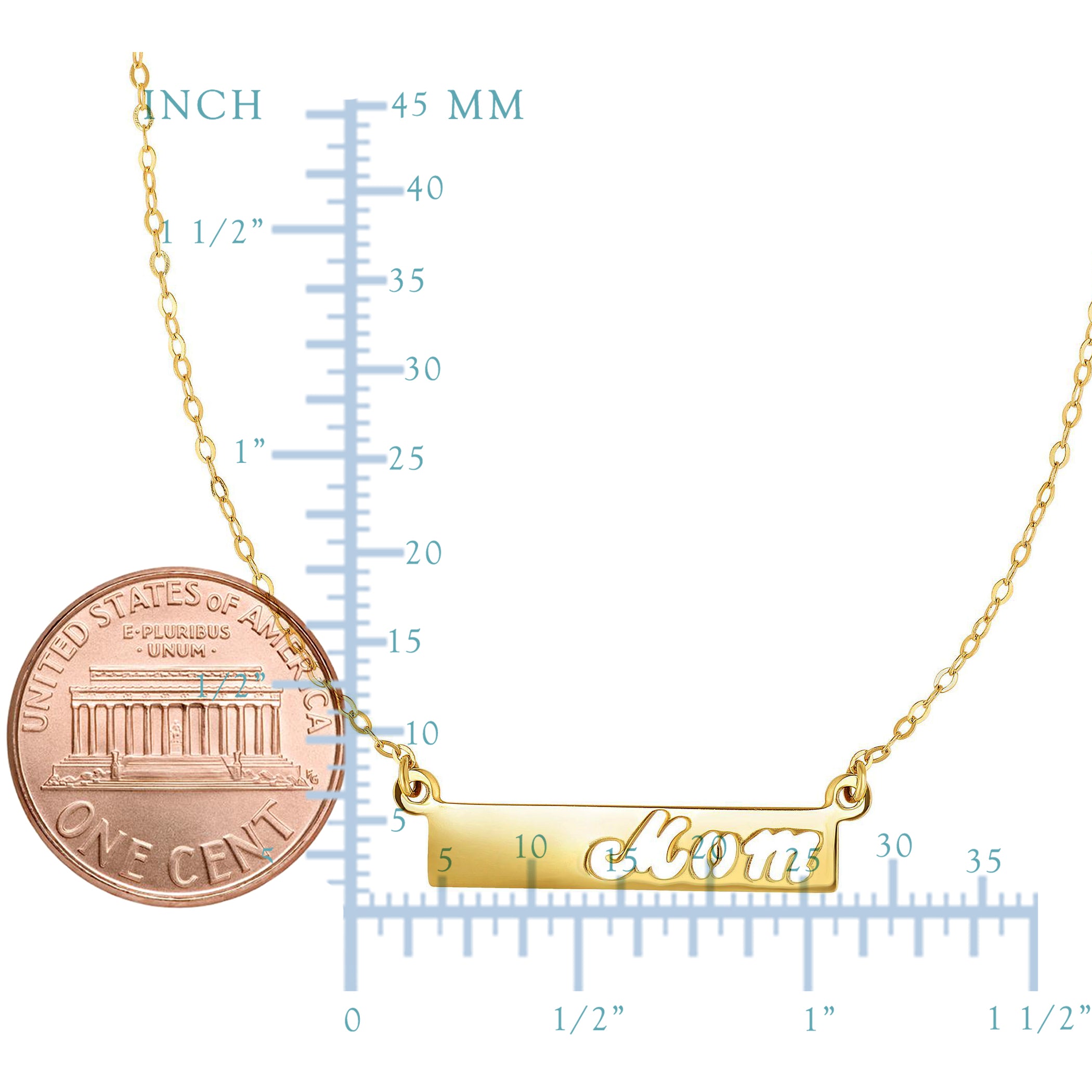 14k Yellow Gold MOM Bar Pendant Chain Necklace, 17" fine designer jewelry for men and women
