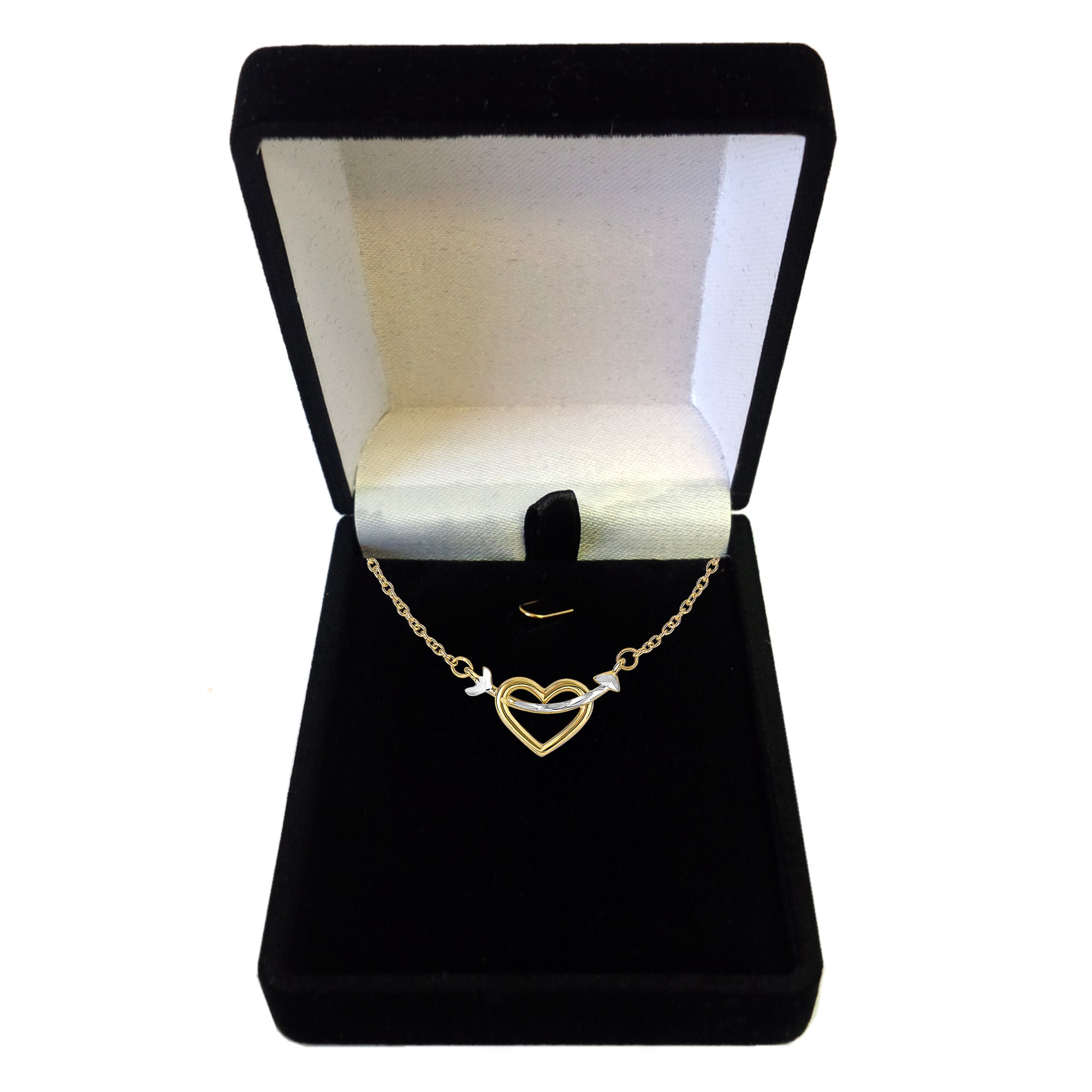 Collier avec pendentif flèche en or bicolore 14 carats à cœur ouvert, bijoux de créateur raffinés de 18 pouces pour hommes et femmes