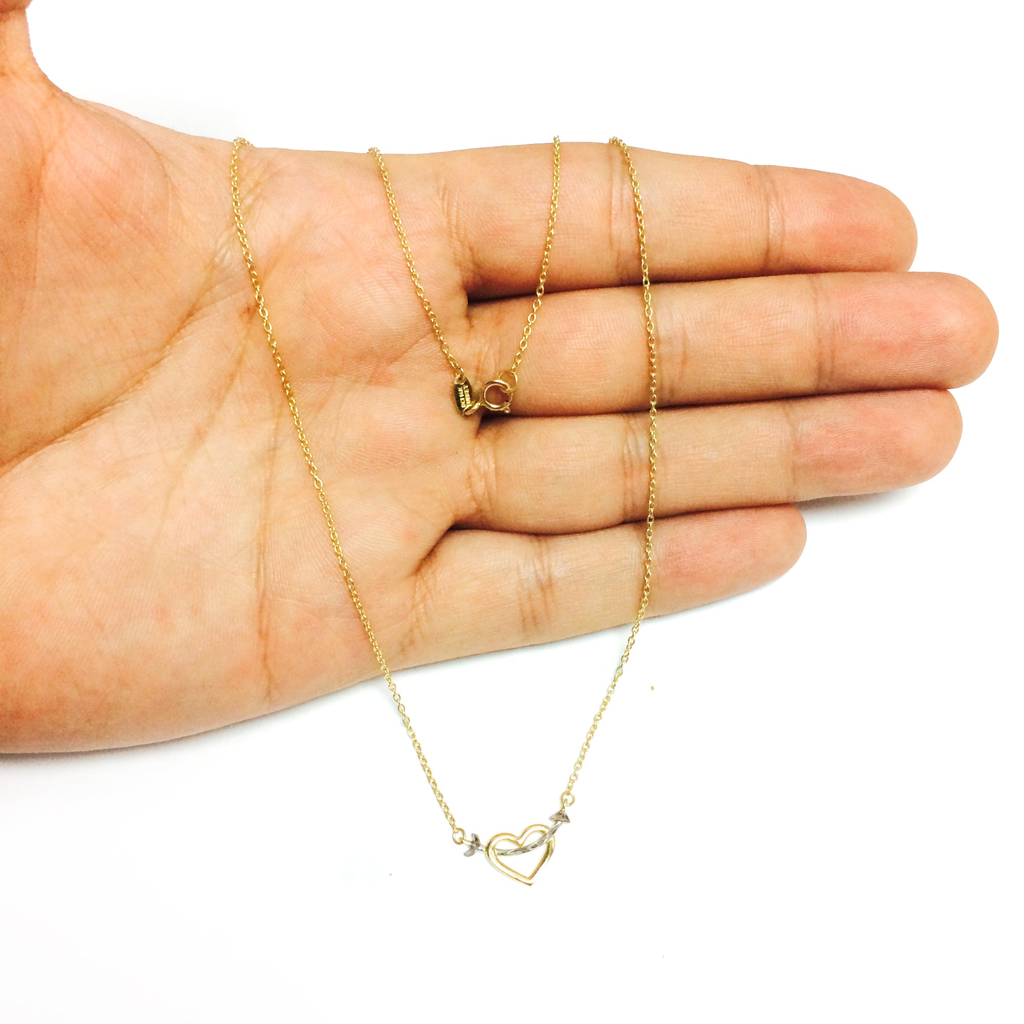 14K Two Tone Gold Arrow Through Open Heart Pendant Halsband, 18" fina designersmycken för män och kvinnor