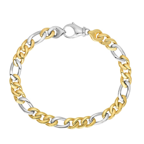 14k Yellow And White Gold Diamond Cut Figaro Link Mens Bracelet, 8.5"