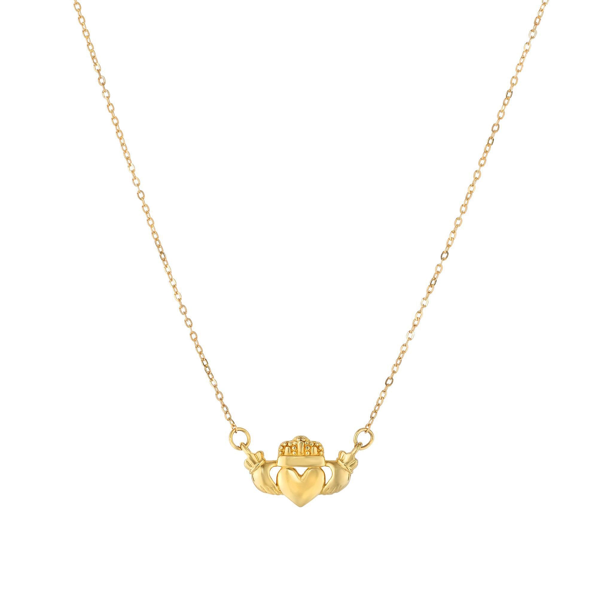 14k gul guld poleret Claddagh Center Charm On Chain halskæde, 17" fine designer smykker til mænd og kvinder